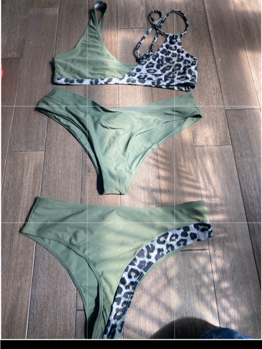 SHEIN Olive Green & Leopard Halter Bikini Set, 3pc, Size L